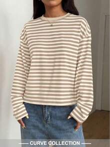 Women's Striped Round Neck Long Sleeve Plus Size Knit T-Shirt, Regular Length Medium Stretch, Comfortable Autumn Basic Top - Khaki - View 5