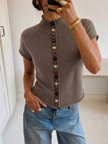 Cardigan Rajut Lengan Pendek Leher Tinggi Warna Abu-abu Musim Gugur/Dingin, Atasan Kancing Berwarna-warni Elegan untuk Bepergian - Coffee Brown - View 1