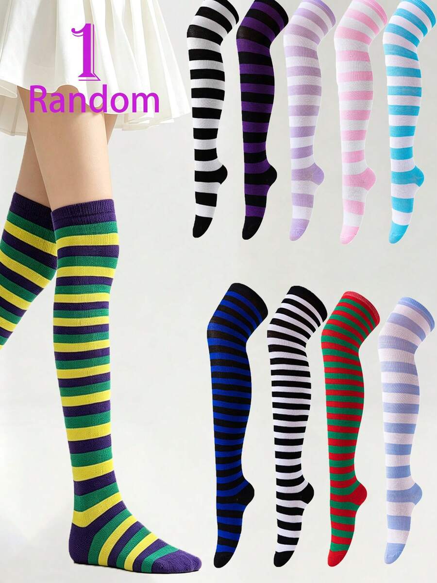 1 Pair Random Cosplay Lolita Personalized Striped School Style Over-The-Knee Socks - Multicolor - View 1