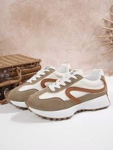 黑白拼色女款厚底增高休閒運動鞋，繫帶百搭復古訓練鞋，適合日常通勤 - 卡其色 - 查看 1