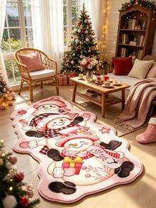 1pc, Christmas Pink Theme Three Snowmen Living Room Rug, Korean Ins Style Bedroom Decor Bedside Rug, Seasonal Decorative Mat, With Holiday Design, Christmas Decoration, Perfect Christmas Gift, Perfect Match For Christmas And New Year Celebration, Asymmetrical Shaped Lounge Rug, Decorative Rug, Bedroom Decor, Small Rug, Rug, Home Decor, Living Room Rug - Multicolor - View 4