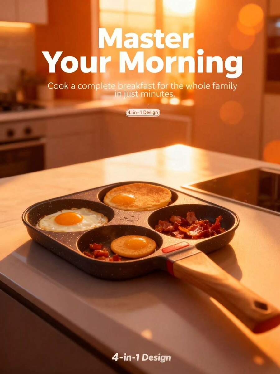 1pc Multi-Function Breakfast Pan, 4-Cup Egg Pan, Non-Stick Flat Bottom, Suitable For Induction Cooktop And Open Flame, Perfect For Frying Eggs, Bacon And Burgers - View 1