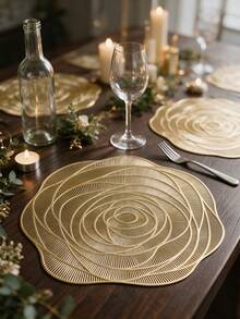 6pcs Gold Flower Hollow PVC Placemats, Washable Tabletop Decoration Mats, Non-Slip Odorless Tableware Pads, Durable Highly Attractive Coasters, Suitable For Restaurants, Cafes, Homestays, Fit For Festivals, Parties, Gatherings, Birthdays, Weddings, Dinners. - Multicolor - View 8