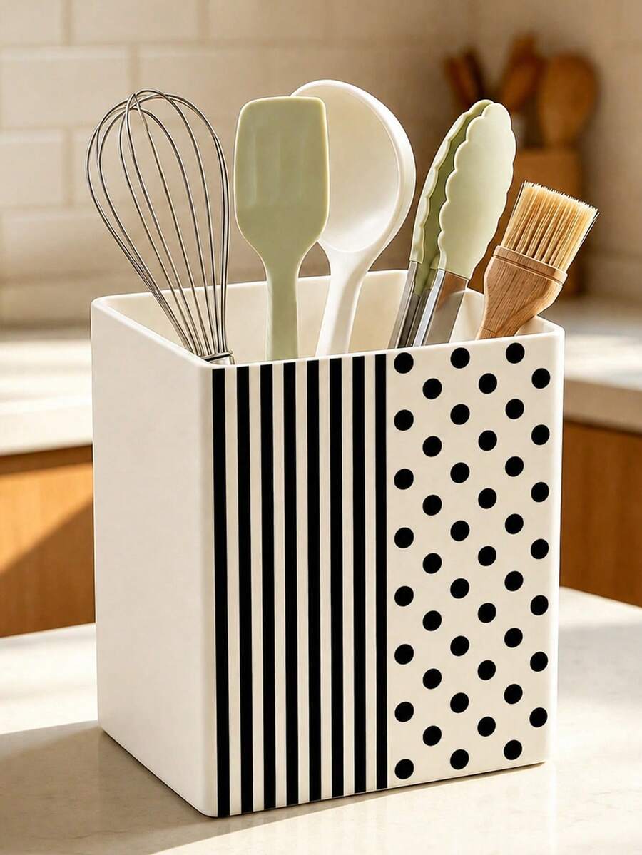 Striped & Polka Dot Patchwork Pattern Multi-Functional Storage Organizer Box - Tableware Storage Box, Desktop Organizer (Suitable For Storing Tableware, Straws, Tea Bags, Pens, Remote Controls); Compact & Space-Saving, Suitable For Kitchen, Office, Living Room - Multicolor - View 1