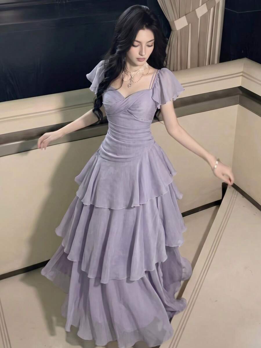 女款優雅時尚純色晚宴禮服,法式修身荷葉邊婚禮賓客畢業禮服,度假海灘穿搭,夏季服飾 - 紫丁香色 - 查看 1