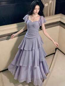 女款優雅時尚純色晚宴禮服，法式修身荷葉邊婚禮賓客畢業禮服，度假海灘穿搭，夏季服飾 - 紫丁香色 - 查看 5