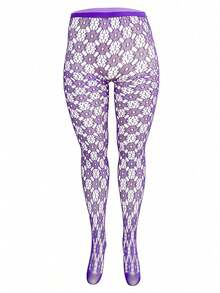 1pc Plus Size Floral Hollow Out Women's Tight Leggings Purple Fishnet Tights Magic Elastic Pantyhose Y2K Stockings Halloween Christmas Outfit, Gothic Style Leggings Back To School College Style Outfit - Purple - View 2