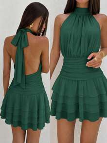 Elegant Halter Neck Backless Mini Dress With Tiered Ruffle Hem Wedding Party - Dark Green - View 2