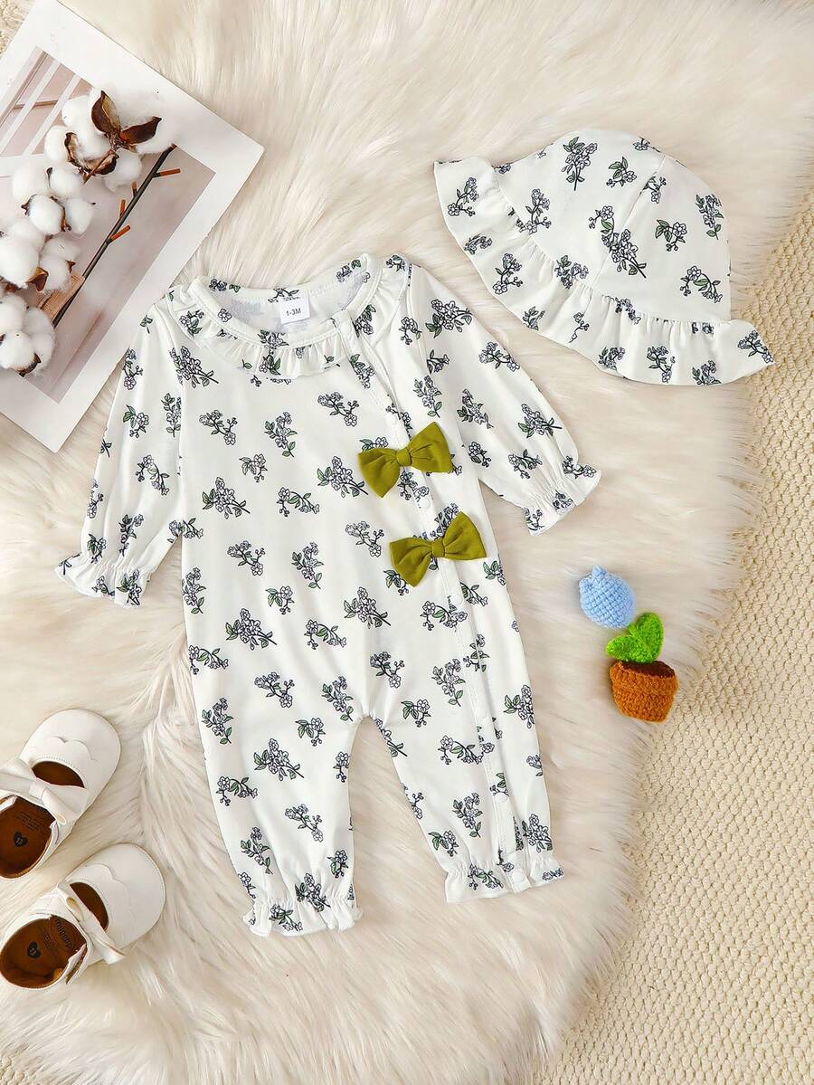 BrownBark 2pcs Baby Girls Autumn Floral Pattern Long Sleeve Romper Set With Sun Hat, Soft Comfortable Ruffle Collar Bowknot Crawler Outfit For Newborn Girls 0-18 Months - White - View 1