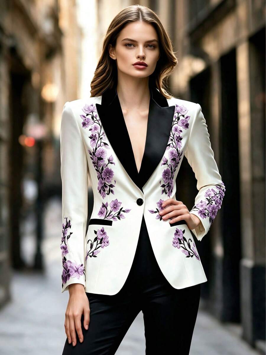 Women's Fashionable Embroidered Button Front Blazer Jacket, Suitable For Daily Office, Gatherings, Lined, All Season, High Grammage Fabric Vacation - Purple - View 1