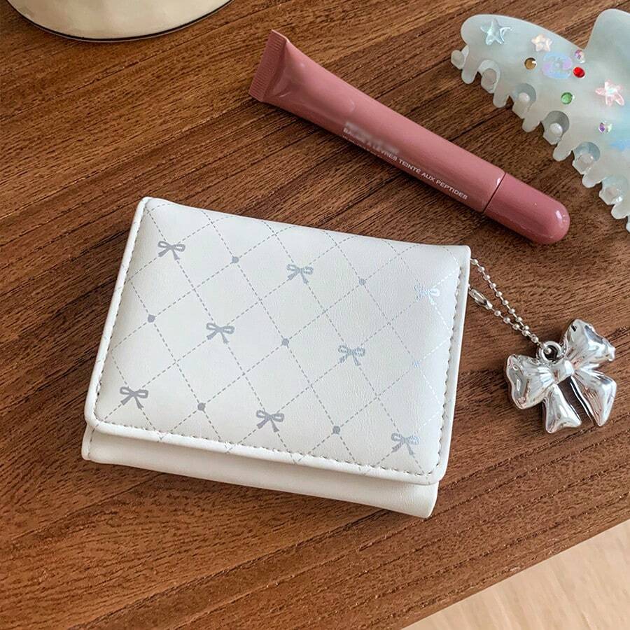 Kawaii Bow Charm Trifold Wallet, Diamond Grid Print Small Card Purse