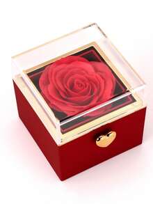 1pc Rotating Rose Gift Box With Double Heart Necklace Set, Preserved Flower Surprise Jewelry Box, Gold Stainless Steel, Valentine Anniversary Gift - Multicolor - View 2