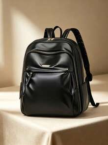 Men's Solid Color PU Glossy Backpack With Multiple Zippers, Casual Daily Use, Large Capacity Travel & Work Backpack With Side Pockets - Black - View 1