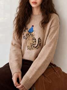 Sweater Pullover Leher Bulat Motif Kartun Lucu Kasual Musim Gugur/Dingin Terbaru untuk Wanita - Jeruk - View 1