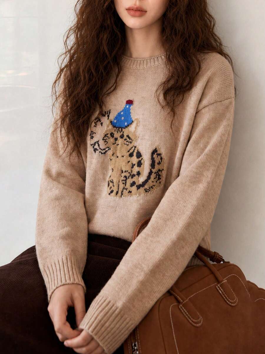 Sweater Pullover Leher Bulat Motif Kartun Lucu Kasual Musim Gugur/Dingin Terbaru untuk Wanita - Jeruk - View 1