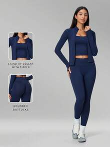 MFVIM Women's Seamless Yoga Tight Versatile Yoga Outfit Outdoor Running Sports Set Tank Top + Pants + Jacket 3-Piece Set - Royal Blue - View 3