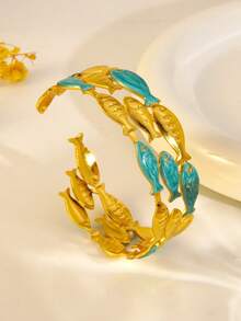 VceTd 1 buah Gelang Bangle Terbuka Stainless Steel Desain Ikan Enamel Warna-warni Gaya Lucu untuk Wanita, Cocok untuk Pernikahan, Perjalanan atau Hadiah Hari Valentine untuk Orang Tercinta - Yellow Gold - View 6