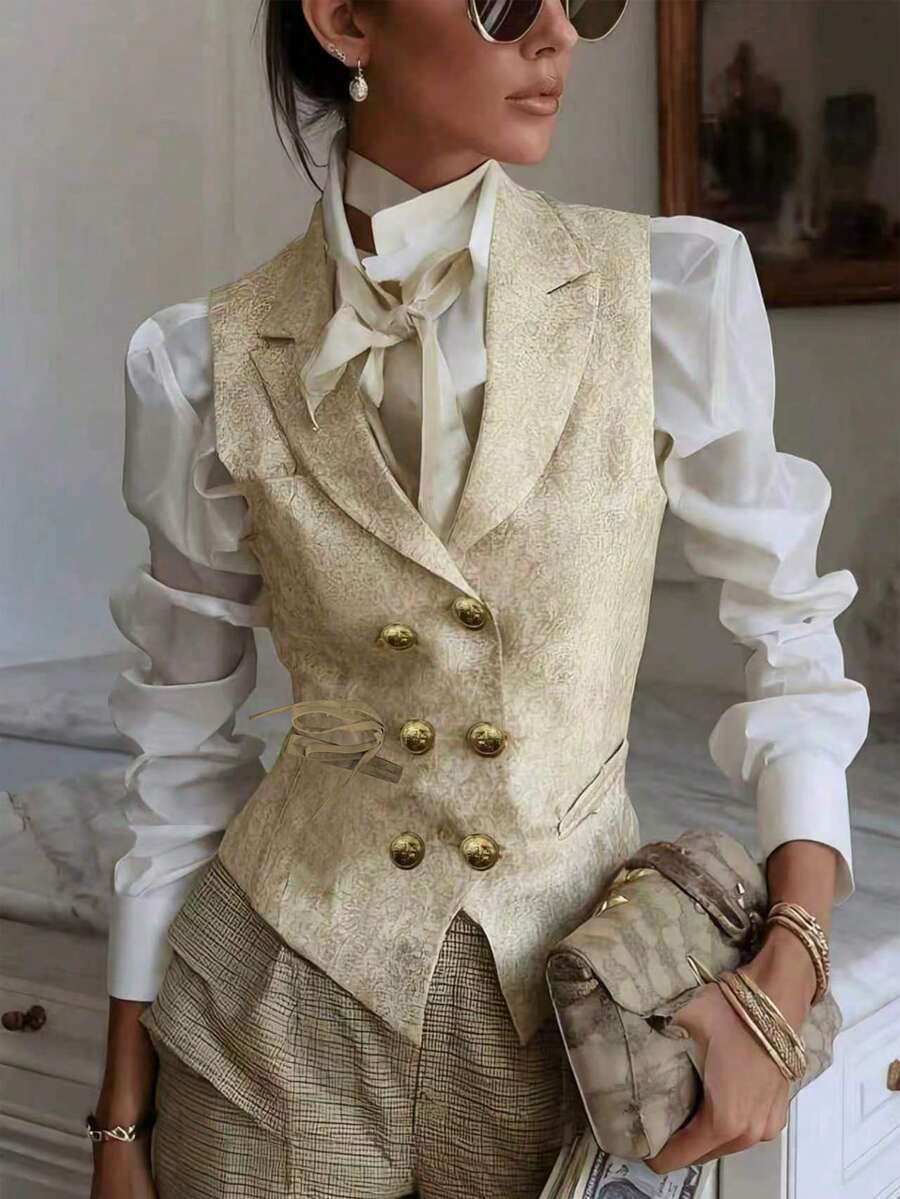 French Jacquard Blazer Vest For Women, Vintage Textured Cropped Waist Vest Commuter Layering Top White Summer - White - View 1