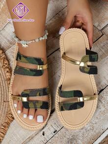 Women's Patchwork Contrast Color Elegant Slip-On Wide Fit Flat Sandals, Comfortable For Outdoor Wear, Gold Stripe Accents, Vacation Flat Sandals - Army Green - View 1