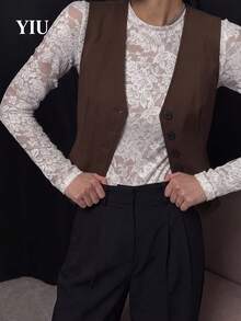 YIU LUMOS Women's Dark Brown Vest, V Neck Button Front Five Button Slim Fit, Vintage Western Office Chic Waistcoat For Fall Winter Daily Layering - Brown - View 7