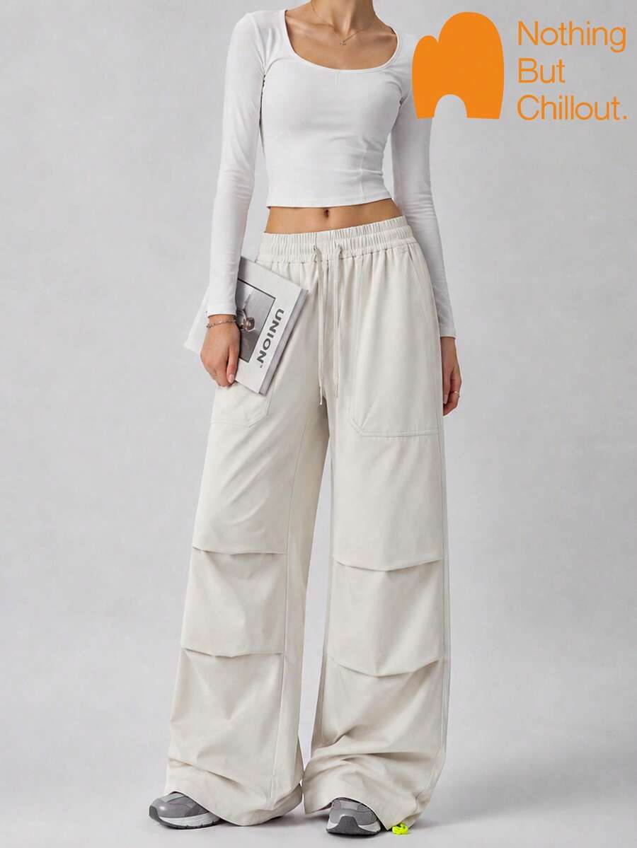 NBCT Women's 3D Patchwork Design Cargo Pants With Drawstring Elastic Waist Adjustable Hem, Versatile Casual Sports Long Pants - Rice Grey - View 1