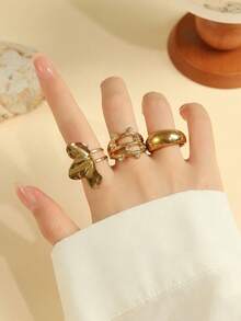 3pcs Women's Gold Open Ring Set, Butterfly Rhinestone Hollow Polished Stackable Adjustable Rings, Closed Ring Size Options, Versatile Jewelry For Daily Wear And Party - Yellow Gold - View 1