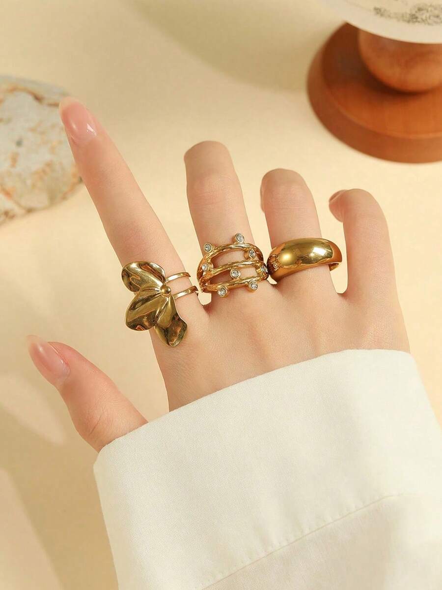 3pcs Women's Gold Open Ring Set, Butterfly Rhinestone Hollow Polished Stackable Adjustable Rings, Closed Ring Size Options, Versatile Jewelry For Daily Wear And Party - Yellow Gold - View 1