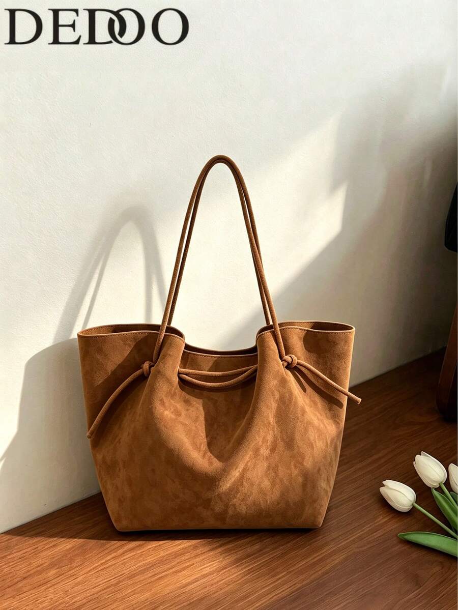 Dedoo 女款抽繩托特包，麂皮仿皮材質，磁吸開合，附贈同款小收納袋，大容量復古包，適合秋季日常使用，無吊飾