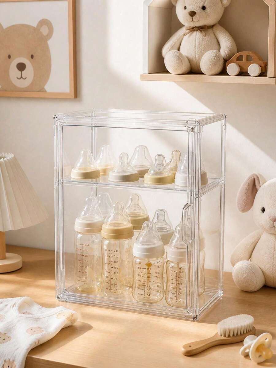 1PC Clear Baby Bottle Storage Box, Nursery Bottle Organizer, Dustproof Multi-Layer Bottle Rack, Suitable For Baby Room Storage. - Multicolor - View 1