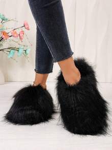 Women's Fuzzy Long Fluffy Fur Mule Slippers, Winter Warm Closed Toe Slip On Shoes, Indoor Outdoor Fashion Plush Slides - Black - View 1