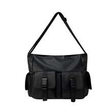 Black Waterproof Cargo Style Style Men's Tote Crossbody Bag, Double Buckle Front Pocket Multi-Pocket Large Capacity Storage, Adjustable Shoulder Strap, Functional Style Student Commute Travel Casual One Shoulder Handbag - Multicolor - View 9