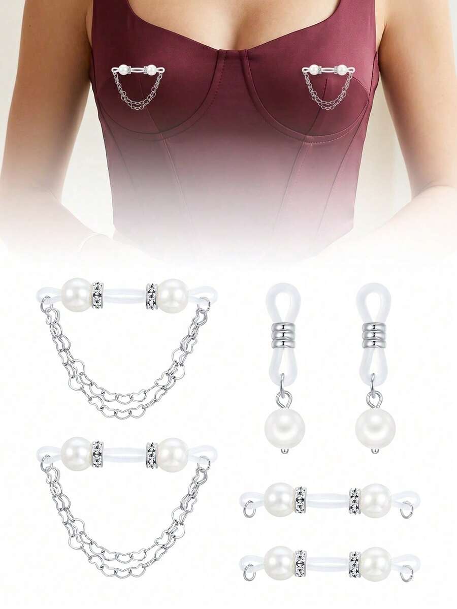 TOKRING 1 Pair Fake Nipple Rings Non Piercing Nipple Rings For Women,Nipple Cuff Pearl Dangling With Heart Chain Fake Piercing Body Jewelry - White - View 1