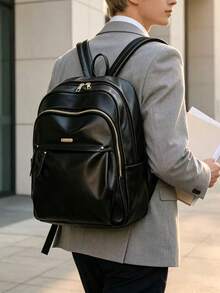 Men's Solid Color PU Glossy Backpack With Multiple Zippers, Casual Daily Use, Large Capacity Travel & Work Backpack With Side Pockets - Black - View 3