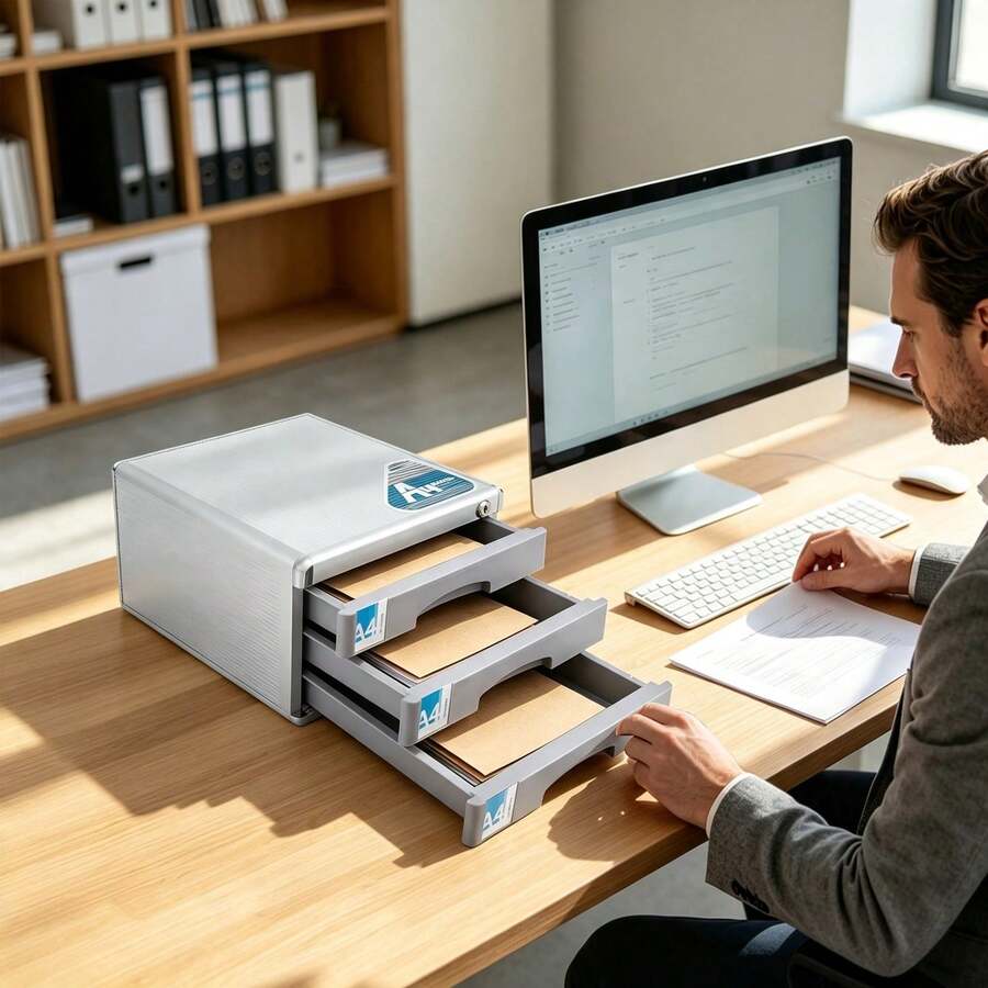Schreibtisch-Organizer Aus Aluminiumlegierung,3 Ebenen,Aufbewahrungsbox Mit Schubladen Und Schlüsseln,abschließbar,Für Schreibtisch - 3-Schubladen - Übersicht 1