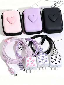 6pcs Sweet Heart Data Cable Protector Set, Hard Shell Heart-Shaped Storage Bag, Data Cable Charger Shell Charging Storage Large Capacity Storage Bag / Laser Protection Rope / Portable Storage Bag / Anti-Breakage Protector, Compatible With Apple 18/20W Charging Protection Storage, Essential For Students And Commuters, Perfect Gift For Best Friends - Multicolor - View 1