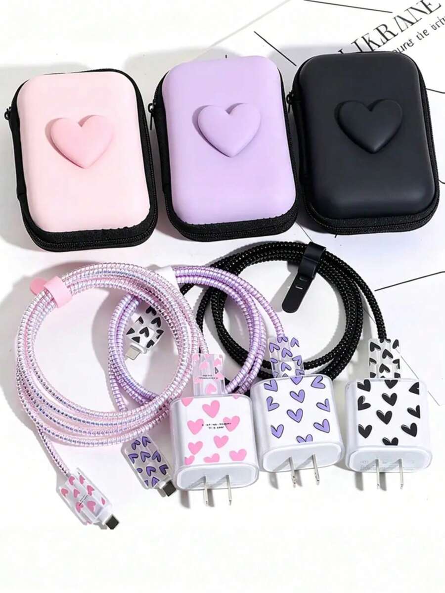 6pcs Sweet Heart Data Cable Protector Set, Hard Shell Heart-Shaped Storage Bag, Data Cable Charger Shell Charging Storage Large Capacity Storage Bag / Laser Protection Rope / Portable Storage Bag / Anti-Breakage Protector, Compatible With Apple 18/20W Charging Protection Storage, Essential For Students And Commuters, Perfect Gift For Best Friends - Multicolor - View 1
