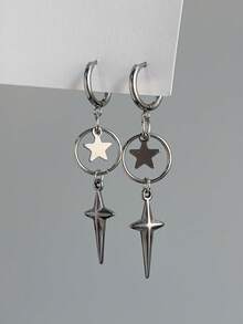 1 Pair Stainless Steel Punk Silver Star Hoop Earrings, Fashionable Accessories Suitable For Women's Daily Wear - Silver - View 22