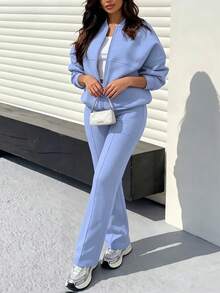 2pcs Casual Solid Color Sweatshirt Jacket Top And Straight Leg Pants Set, Soft Fleece Fabric, Suitable For Spring, Autumn And Winter Elegant - Light Blue 109# - View 4