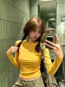 Kaos Dalaman Lengan Panjang Pas Badan Leher Bulat Warna Kuning untuk Wanita, Atasan Manis Gaya Amerika Musim Gugur Y2K - Kuning - View 3