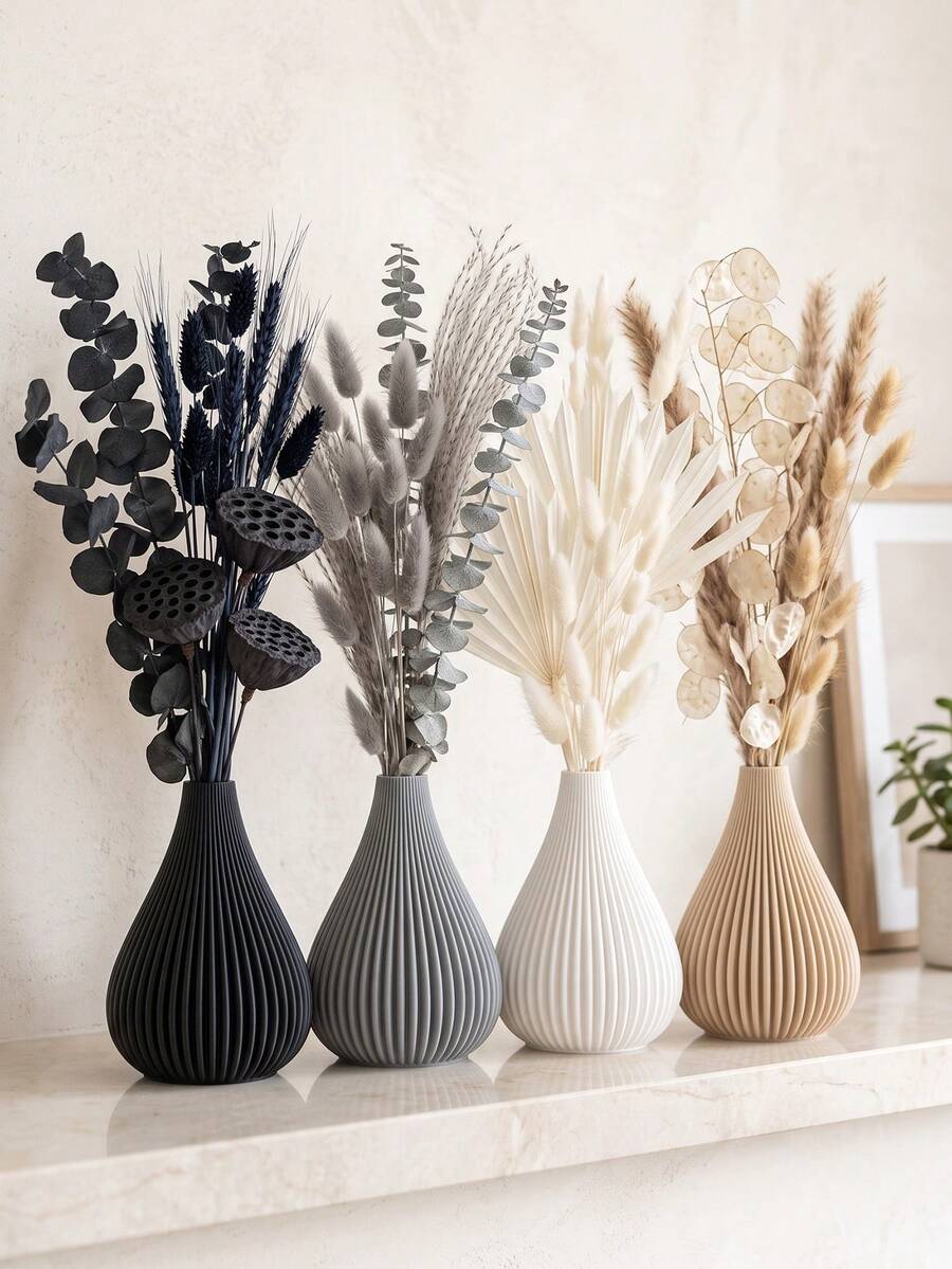 1pc Modern Minimalist Aesthetic Matte Flower Vase, Nordic Boho Vertical Ribbed Teardrop Shape Decorative Vase For Pampas Grass Dried Artificial Flowers, Home Decor Living Room Bedroom Kitchen Bathroom Office Wedding Easter Spring Table Centerpieces - A - View 1