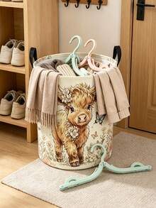 Cute Highland Cow Floral Print Laundry Hamper, Collapsible Large‑Capacity Storage Basket With Handles, Clothing Storage, Unisex, Essential For Daily Home And Dorm Use - Multicolor - View 7
