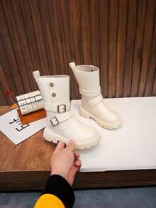 Autumn/Winter Kids Glossy Retro Mid-Calf Boots, Versatile, Heavy-Duty Metal Buckle & Rivet Decor, Non-Slip Sole, Easy To Clean, Suitable For Pants And Skirts, School, Daily Wear And Outings - Beige - View 1