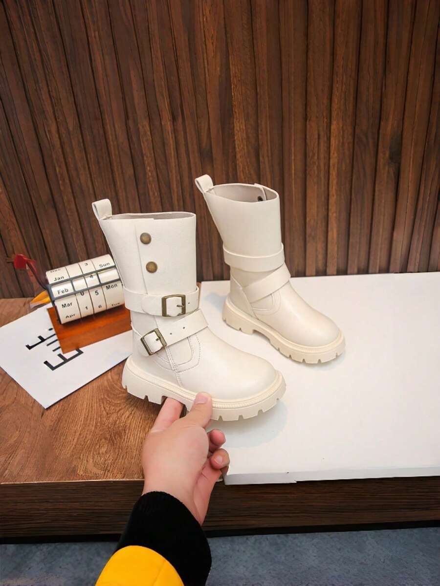 Autumn/Winter Kids Glossy Retro Mid-Calf Boots, Versatile, Heavy-Duty Metal Buckle & Rivet Decor, Non-Slip Sole, Easy To Clean, Suitable For Pants And Skirts, School, Daily Wear And Outings - Beige - View 1
