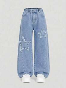 1 buah Celana Jeans Denim Minimalis Vintage untuk Remaja Perempuan, Celana Panjang Kasual Lebar Lurus dengan Motif Bintang dan Tambal Suram - Medium Wash - View 2