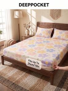 1pc Rabbit & Floral Digital Print Fitted Sheet, Dormitory Bedding, Mattress Protector, Bed Cover, Autumn Room Decor, Deep Pocket, Dustproof & Non-Slip, Skin-Friendly & Breathable, Super Soft & Lightweight, Suitable For Twin/Full/Queen/King Size Beds, Machine Washable, Pillowcase Not Included - Multicolor - View 4