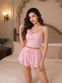 2pcs/Set Ditsy Floral Camisole Pajama Set, Lace Trim Soft & Cute Loungewear, Breathable Jacquard Fabric Can Be Worn Outdoors - Pink - View 5