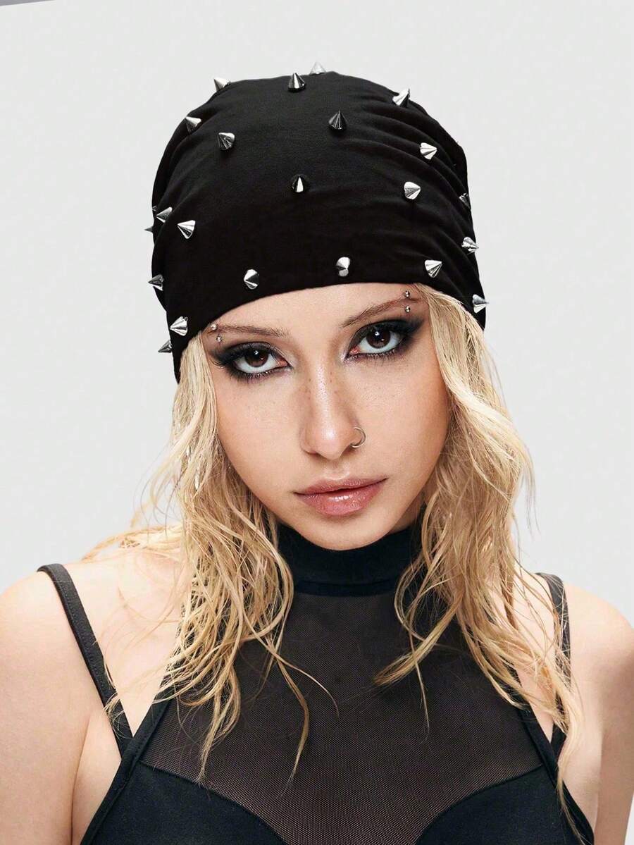 1pc Gothic Rivet Decor Slouchy Beanie,Punk Y2K Rock Style Skull Hat For Girls Halloween Cosplay Rave Club Daily Street Fashion Accessories - Multicolor - View 1