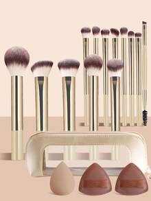 ronshadow 13pcs Makeup Brush Set With Storage Bag, Makeup Sponge, Powder Puff, Loose Powder Brush, Blush Brush, Foundation Brush, Contour Brush, Multiple Eyeshadow Brushes, Dual-Ended Eyebrow Brush, For Home Makeup, Travel And Touch-Ups, Complete Set For Setting, Blush, Contouring, Eyeshadow And Eyebrow Makeup - Multicolor - View 1