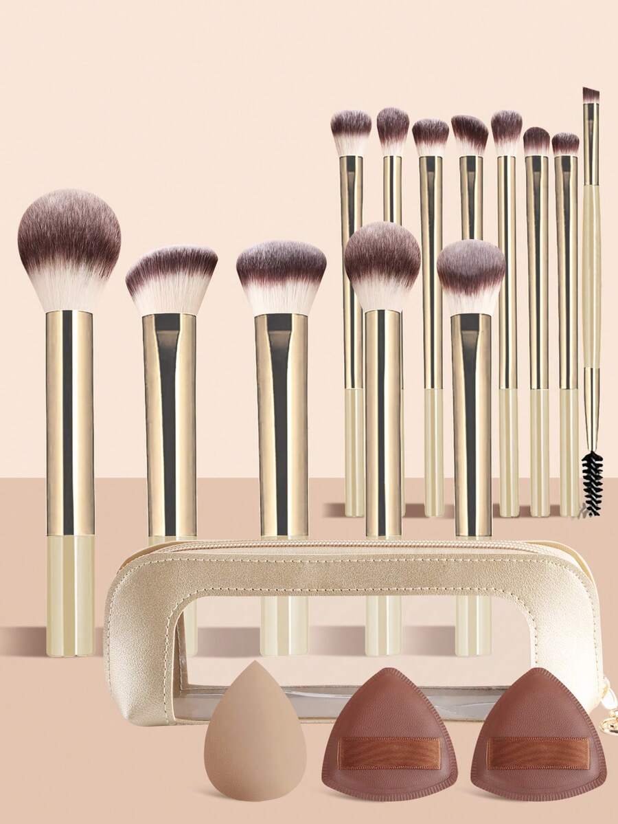 ronshadow 13pcs Makeup Brush Set With Storage Bag, Makeup Sponge, Powder Puff, Loose Powder Brush, Blush Brush, Foundation Brush, Contour Brush, Multiple Eyeshadow Brushes, Dual-Ended Eyebrow Brush, For Home Makeup, Travel And Touch-Ups, Complete Set For Setting, Blush, Contouring, Eyeshadow And Eyebrow Makeup - Multicolor - View 1