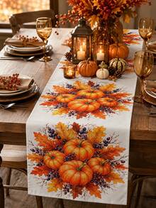 Thanksgiving Home Decor Table Runner, Throw Pillow, Placemat, Autumn Tablecloth, Orange Pumpkin Maple Leaf Berry Pattern, Rustic Country Harvest Tablecloth, Kitchen Dining Table Decor, Indoor Outdoor Home Decoration - Multicolor - View 1